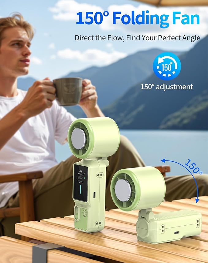 Foluu 3-in-1 Portable Cooling Fan with Active Cooling Technology, 16,000 RPM, 100-Speed Touch Control & LED Display, Type-C Fast Charge, Neck Strap & Stand – for Travel, Office, Outdoor (Green)