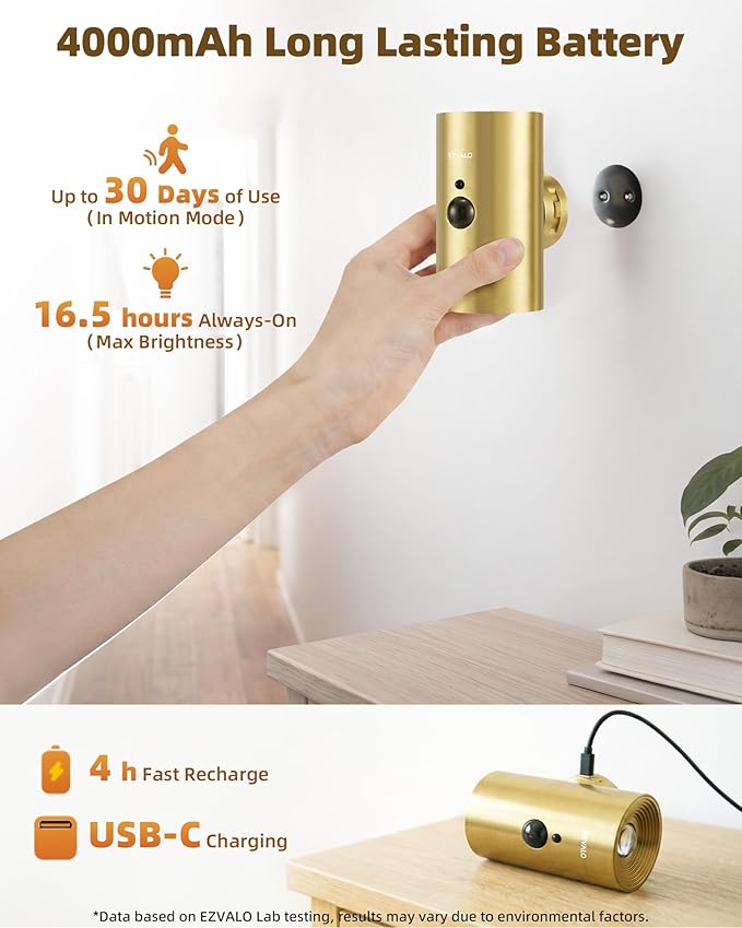 EZVALO Motion Sensor Wall Sconce with Remote, Battery Operated 4000mAh Rechargeable Wall Light, 3 Color Temperatures & 12 RGB, Up & Down LED Lighting for Hallway, Stairway (Brass Gold, 1 Pack)