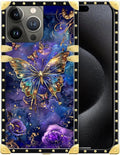 Compatible with iPhone 16 Pro Case, Glistening Golden Butterfly Vibrant Purple Blue Luxury Golden Decoration for Girl Women Soft TPU Shockproof Protective Hard PC Back