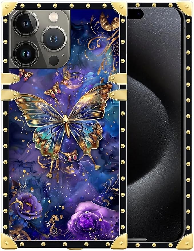 Compatible with iPhone 16 Pro Case, Glistening Golden Butterfly Vibrant Purple Blue Luxury Golden Decoration for Girl Women Soft TPU Shockproof Protective Hard PC Back