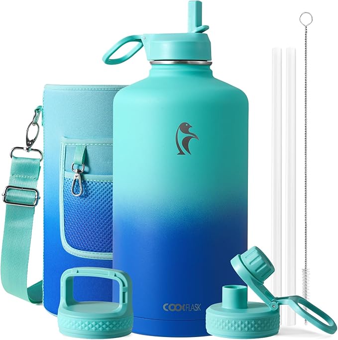 Coolflask 128 oz Gallon Water Bottle Insulated with Straw&3 Lids, Water Jug Large Stainless Steel Metal Vacuum Wide Mouth for Sports, Gym or Office, Non-BPA Keep Cold 48H Hot 24H, Pacific Prince