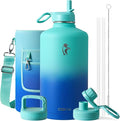 Coolflask 128 oz Gallon Water Bottle Insulated with Straw&3 Lids, Water Jug Large Stainless Steel Metal Vacuum Wide Mouth for Sports, Gym or Office, Non-BPA Keep Cold 48H Hot 24H, Pacific Prince