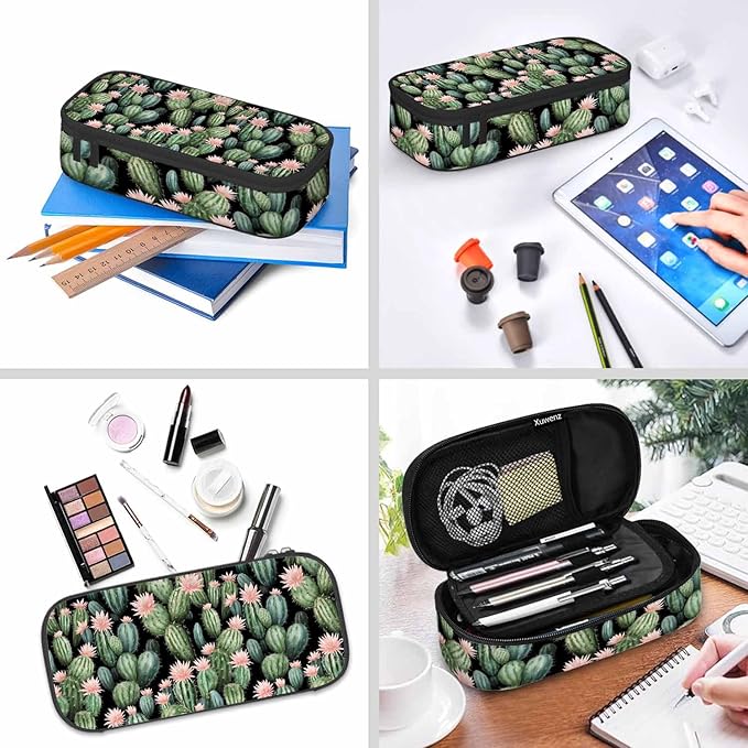 Vintage Cactus Pencil Holder Bag Cute Pink Flower Spikes Summer Pencil Case College Office School for Teens Boy Girl