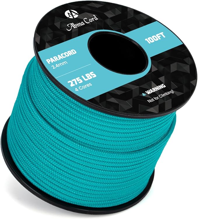 Abma Cord 2.4mm Paracord 275 100ft Nylon Rope 4 Strands Tactical Parachute Cord - Max. 275lbs - Turquoise