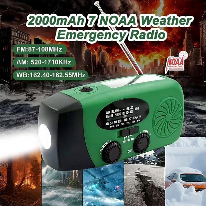 2000mAh/7400mWh Emergency Weather Radio with Flashlight, Hand Crank Radio Solar Power with AM FM NOAA, Rechargeable Battery, SOS Alarm, Headphone Jack, Compass for Survival Indoor/Outdoor Emergencies