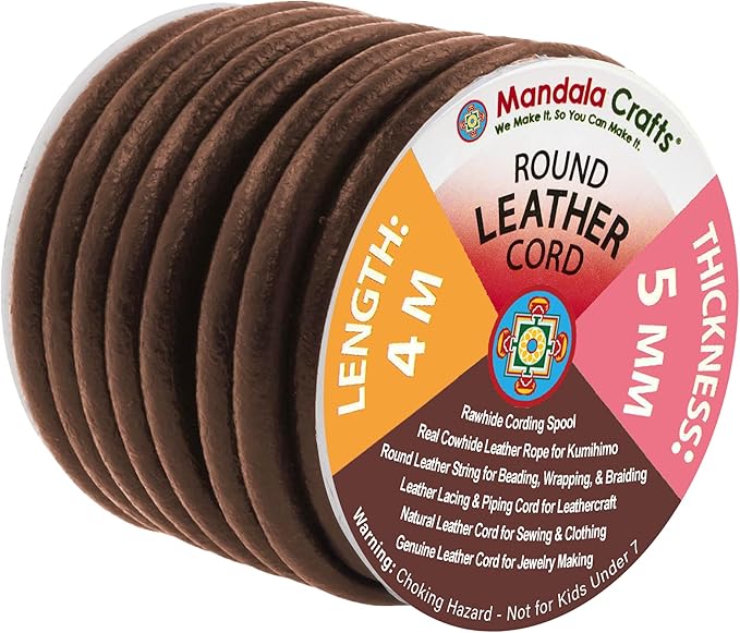 Mandala Crafts Round Genuine Dark Brown Leather Cord for Jewelry Making – 5mm Cowhide Leather Rope String Lace for Kumihimo – 4.4 Yards Cowhide Craft Cording Spool