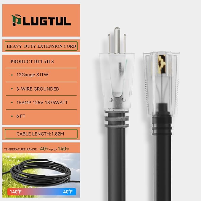 PLUGTUL Outdoor Extension Cord 6FT, 12 Gauge Extension Cord with Lighted End, Heavy Duty,15A 1875W SJTW, ETL Listed, Great for Garden and Home, Black