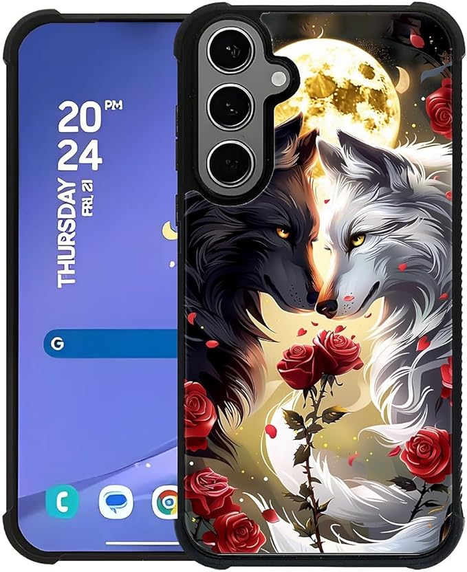 for Samsung Galaxy S24 S25 Plus Case, Black White Wolf Moon Flower Rose Pattern Graphic Design Girl Boy Soft Silicone Hard Acrylic Shock Protection for Samsung Galaxy S24 S25 Plus