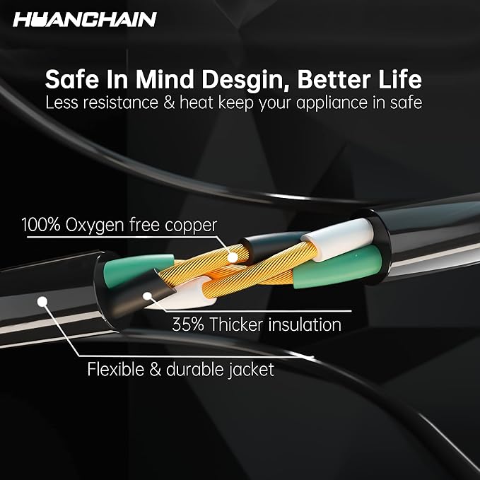 HUANCHAIN Indoor Outdoor Black Extension Cord 100 ft Waterproof, 16/3 Gauge Flexible Cold-Resistant Appliance Extension Cord Outside, 10A 1250W 16AWG SJTW, 3 Prong Electric Cable, ETL