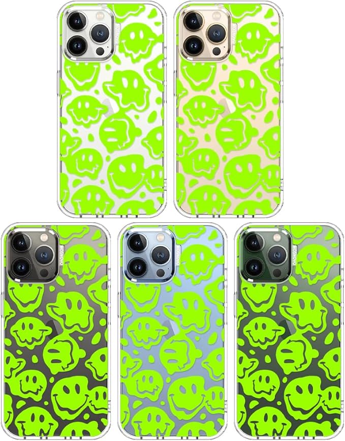 MOSNOVO Case for iPhone 13 Pro Max, [Buffertech 6.6ft Military-Grade Drop Protection] [Anti Peel Off Tech] Clear TPU Bumper Phone Case Cover Design - Distorted Green Smiles Face