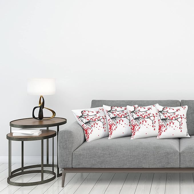 Ambesonne Nature Throw Pillow Cushion Case Pack of 4, Sakura Blossom Japanese Cherry Tree Garden Summertime Vintage Cultural Print, Modern Accent Double-Sided Digital Printing, 24", Grey Vermilion
