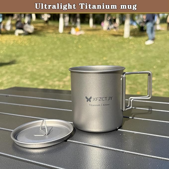 420ml Ultralight Titanium Tea Cup Coffee Mug With Lid Foldable Handle for Backpacking, Hiking Mountaineering