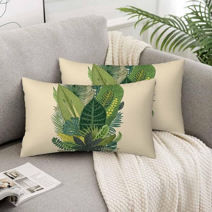 Tropical Leaves Palm 12 X 20 Throw Pillow Covers Set of 2 Green Tree Banana Leaf Alocasia Fern Monstera Cushion Pillow Cases Velvet Outdoor Decorative Home Bed Sofa Couch Office Hotel