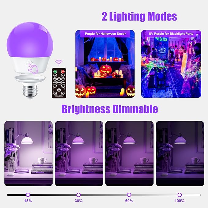 Brightown E26 Rechargeable UV Light Bulbs with Remote and Timer, 120V E26 Base UVA Level 385-400nm, Glow in The Dark for Blacklight Party, Body Pain, Halloween, Purple + UV Purple Mode, 2 Pack