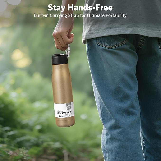 Water Bottle with Portable Lid Metal Vacuum Insulated Stainless Steel | Reusable Leak Proof Flask | 17oz, Gold