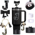 6pcs Black Stanley Cup Accessories Set, Bow Straw Topper for Stanley Cup 30oz 40oz, Including Straw Topper and Bow Silicone Boot, Stoppers Spill Proof, Handle Charm, Initials Sticker