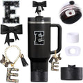 6pcs Black Stanley Cup Accessories Set, Bow Straw Topper for Stanley Cup 30oz 40oz, Including Straw Topper and Bow Silicone Boot, Stoppers Spill Proof, Handle Charm, Initials Sticker