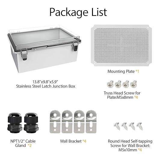 LeMotech Electrical Box, IP67 Waterproof Hinged Clear Cover Stainless Steel Latch Junction Box, ABS Plastic Electrical Enclosure with Mounting Plate,Wall Brackets, Cable Glands,13.8"x9.8"x5.9", Grey