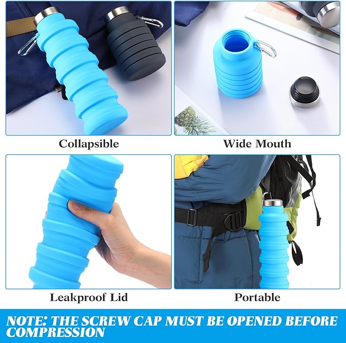 Lallisa 4 Pcs Collapsible Water Bottles 17 oz Reusable Silicone Foldable Travel Water Bottle Portable Leak Proof Sports Water Bottles for Gym Camping Hiking (Blue, Purple, Gray, Green)