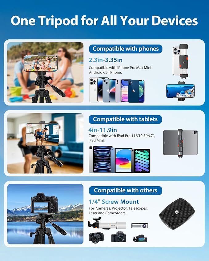 75" Camera Tripod, Aluminum Heavy Duty Camera Stand for ipad Phone, Travel Tripod with/Carry Bag/Phone Tablet Holder, Compatible with Canon Nikon Sony DSLR, Spotting Scopes, Max Load 15 Lb(Black)