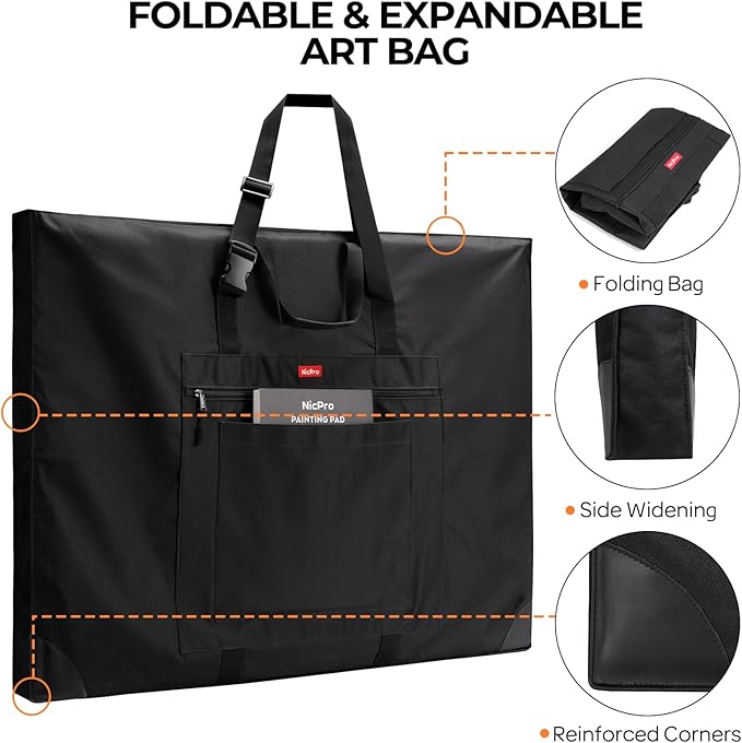 Nicpro Large Size Art Portfolio Case, Artist Portfolio Tote Bag with Leather Corners & Side Widening, Waterproof Storage Portfolio Folder with 3 Pockets for 24'' x 36'' Poster Canvas Sketching Drawing