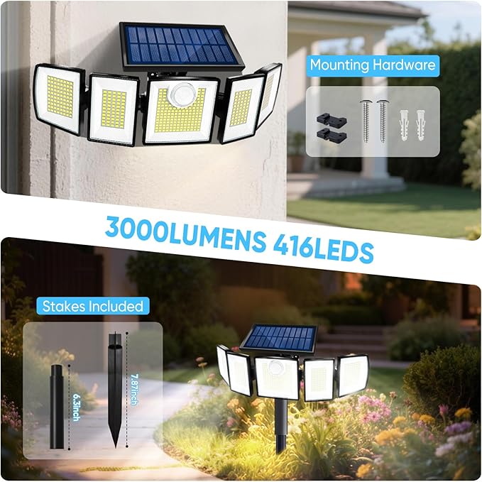 MDCMDCM Solar Lights Outdoor Waterproof Motion Sensor - 416 LEDs 3000 Lumens Super Bright 3 Brightness 3 Modes 2400mAh 360° Illumination 32ft Solar Flood Security Light for Outside (with Stakes, 1)