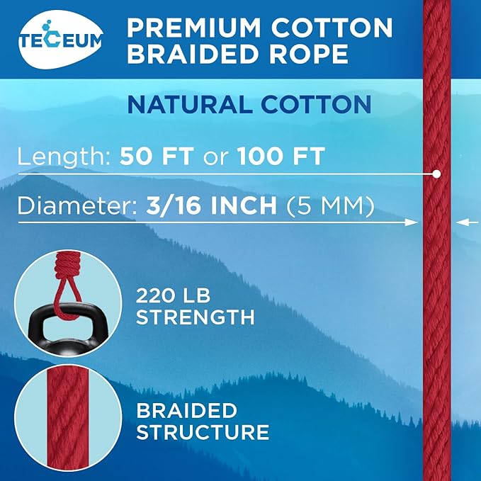 TECEUM Cotton Rope 3/16” (5 mm) – 50 FT – Strong All-Purpose Braided Rope – Natural Cotton – for Crafting, Сamping, Clothes Line, DIY, Indoor & Outdoor Use – Red