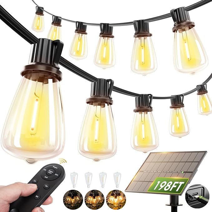 addlon 198FT(192+6) Solar String Lights Outdoor Waterproof, 60+4 LED Bulbs, Shatterproof Patio Lights with Remote, Dimmable & Timing, Hanging Lights for Garden Backyard Party Wedding Camping Decor