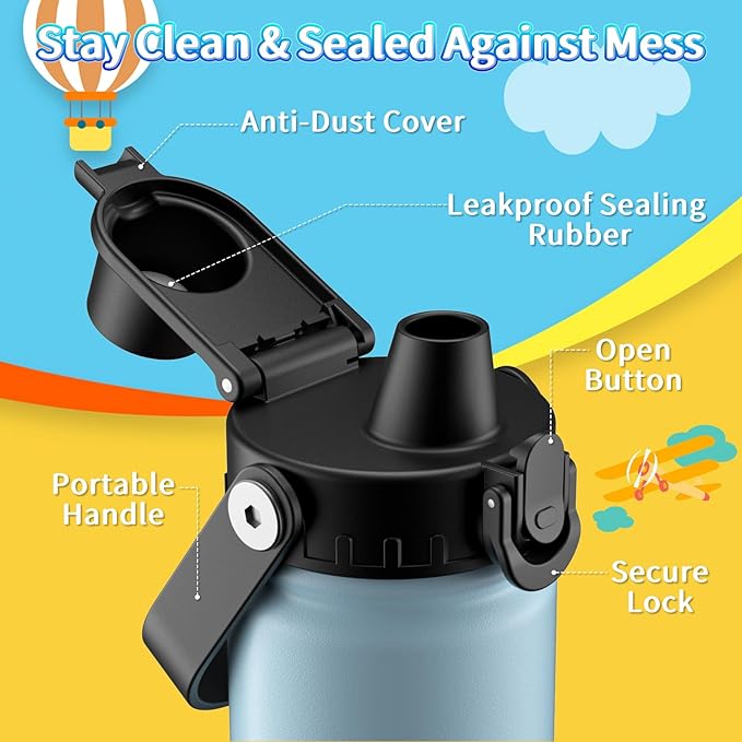 baab 18oz Kids Water Bottle, Insulated Kids Water Bottle with Lockable Spout Lid & Stickers, 18/8 Stainless Steel Vacuum Leakproof Kid Water Cup with Handle for Boy Girl & School (Light Blue, 1 Pack)
