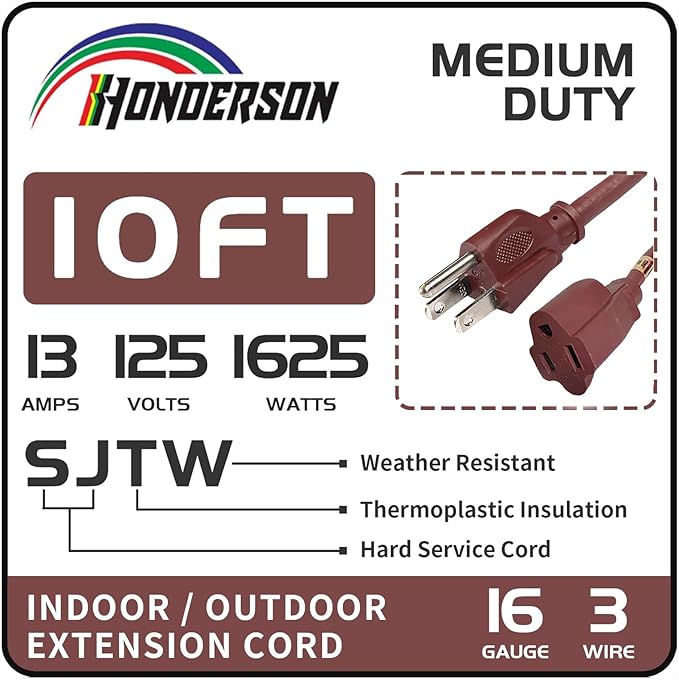 10FT Brown Outdoor Extension Cord-16/3 SJTW Durable Extension Cord for Christmas Lights with 3 Prong Grounded Plug, Great for Outside Christmas Decorations