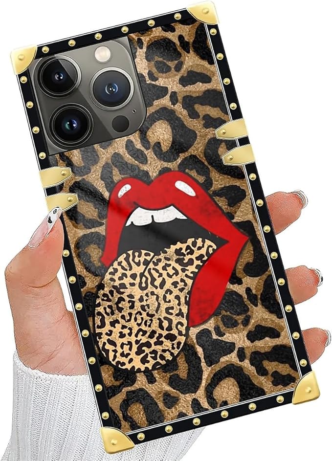 Compatible with iPhone 14 Pro Max Case, Brown Leopard Print Mouth Luxury Golden Decoration for Girl Women Soft TPU Shockproof Protective Hard PC Back for iPhone 14 Pro Max