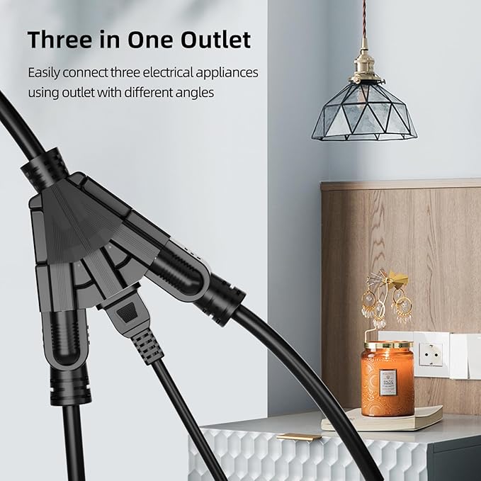 100 FT 3 Outlet Outdoor Extension Cord Waterproof, 16/3 SJTW Black Extension Cord with Multiple Outlets, Heavy Duty 16 Gauge 3-Prong Grounded Power Cable for Garden and Home Use, ETL Listed