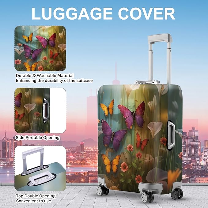 ANNA QUEEN Butterfly Garden Luggage Cover, Colorful Butterfly and Flower Suitcase Protector, Stretchable Washable Travel Sleeve for 28-30 Inch Luggage