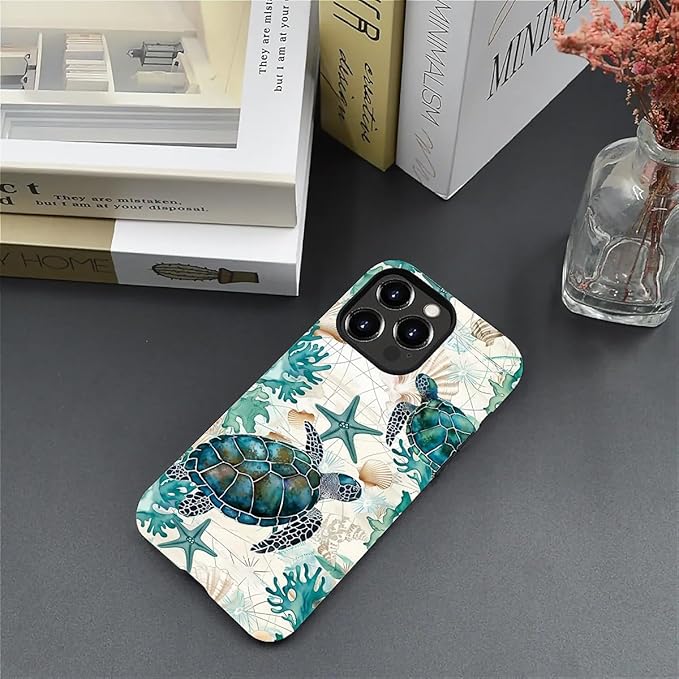 for iPhone 13 Pro Case,HH2 Ocean Sea Turtle Nautical Map Hybrid 2 Layer Hard Shell Silicone Protective Pattern Design Case