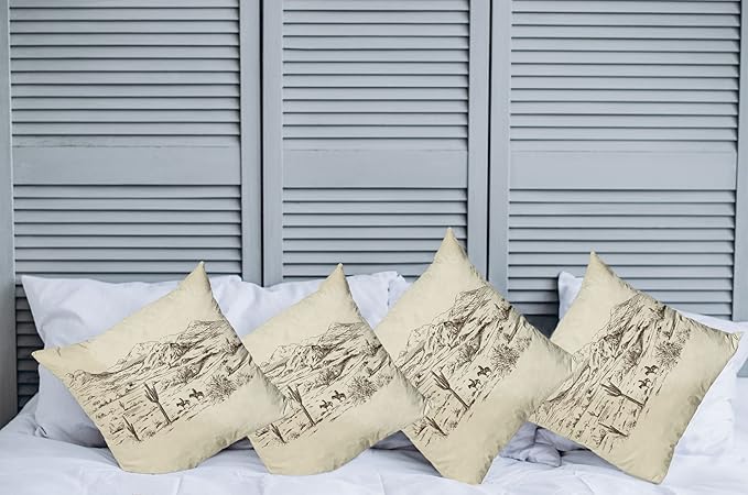 Ambesonne Western Decorative Throw Pillow Case Pack of 4, Wild West Landscape Illustration Mountains Desert Plants Cowboys on Horses, Cushion Cover for Couch Living Room Car, 16", Beige Black