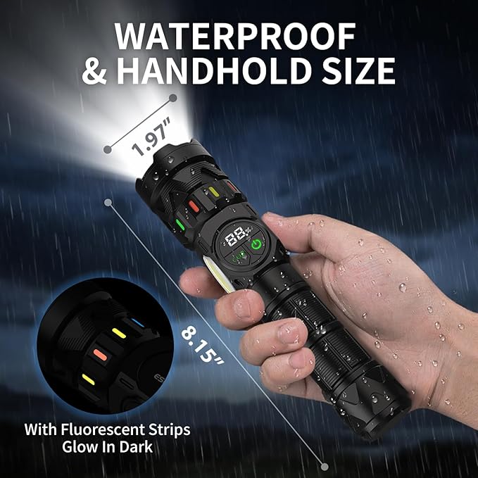 Esgofo Rechargeable Flashlights High Lumens 100000 Long Lasting LCD Display, Super Bright 50W LED, Quick USB C Charge & Output, Double Source & Buttons with Red Light, for Home Camping Hiking