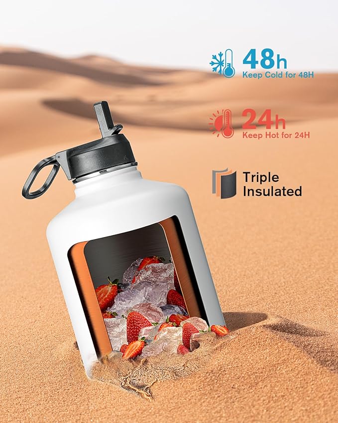Coolflask 128 oz Gallon Water Bottle Insulated with Straw &3 Lids, Water Jug Large Stainless Steel Metal Vacuum Wide Mouth for Sports, Gym or Office, Non-BPA Keep Cold 48H Hot 24H, White