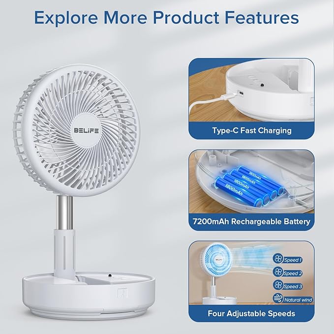 Belife X8 Portable Fan, Cordless 7200mAh Battery Operated Oscillating Fan, USB Rechargeable Desk Floor Fan with Remote, Foldable Telescopic Fan for Home Bedroom Sleeping Office Camping Travel (White)