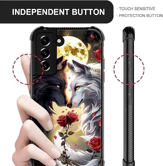 for Samsung Galaxy S21 Plus Case, Black White Wolf Moon Flower Rose Pattern Graphic Design Girl Boy Soft Silicone Hard Acrylic Shock Protection for Samsung Galaxy S21 Plus