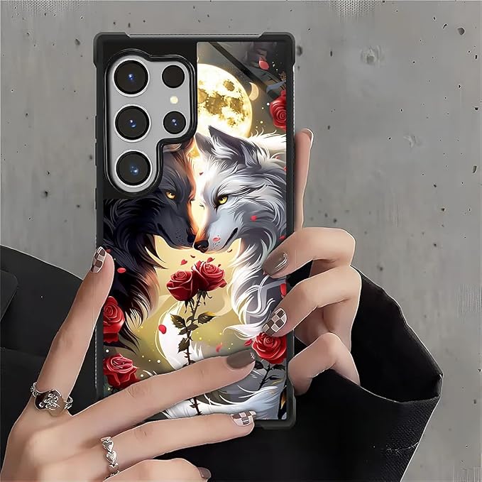 for Samsung Galaxy S26 Ultra Case,Graphic Design for Girl Boy Soft Silicone Hard Acrylic Shock Protection Designed for Samsung Galaxy S26 Ultra Black White Wolf Moon Flower Rose Pattern