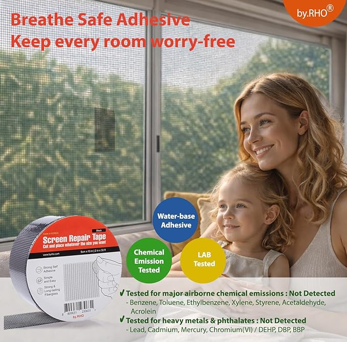 by.RHO Window Screen Repair Kit Tape (Gray, 2" x 15FT) for Window Screen and Screen Door Tears Holes 3-Layer Strong Adhesive & Waterproof Tape Fiberglass Covering mesh