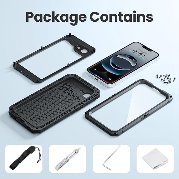 Mitywah Waterproof Case for iPhone 16e and for iPhone 17e, Shockproof Heavy Duty Case with Built-in Screen Protector, Underwater Full Body Protective Metal Case 6.1 inch, Black