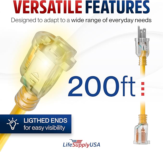 200ft Outdoor/Indoor Extension Cord 10/3 Gauge Ultra Heavy Duty 3 Prong SJTW, Waterproof, Flexible Cold-Resistant Long Power Cord,10A 125V 1250W, Yellow by LifeSupplyUSA