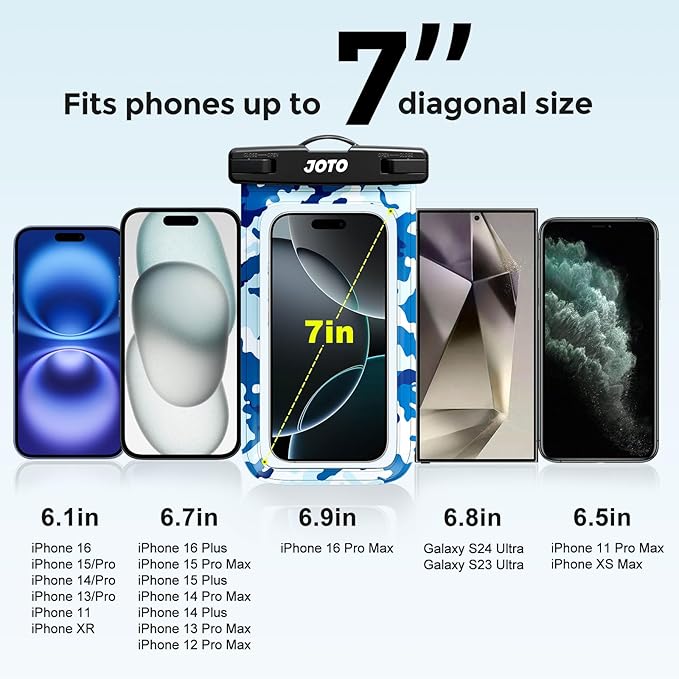JOTO Up to 7" Universal Waterproof Phone Case for iPhone 17 Air 16 15 14 13 12 11 Plus Pro Max, IPX8 Cellphone Dry Bag XR X SE, Galaxy S23 S22 S21 S20+ S20 S10 Plus Note, Pixel -CamoBlue