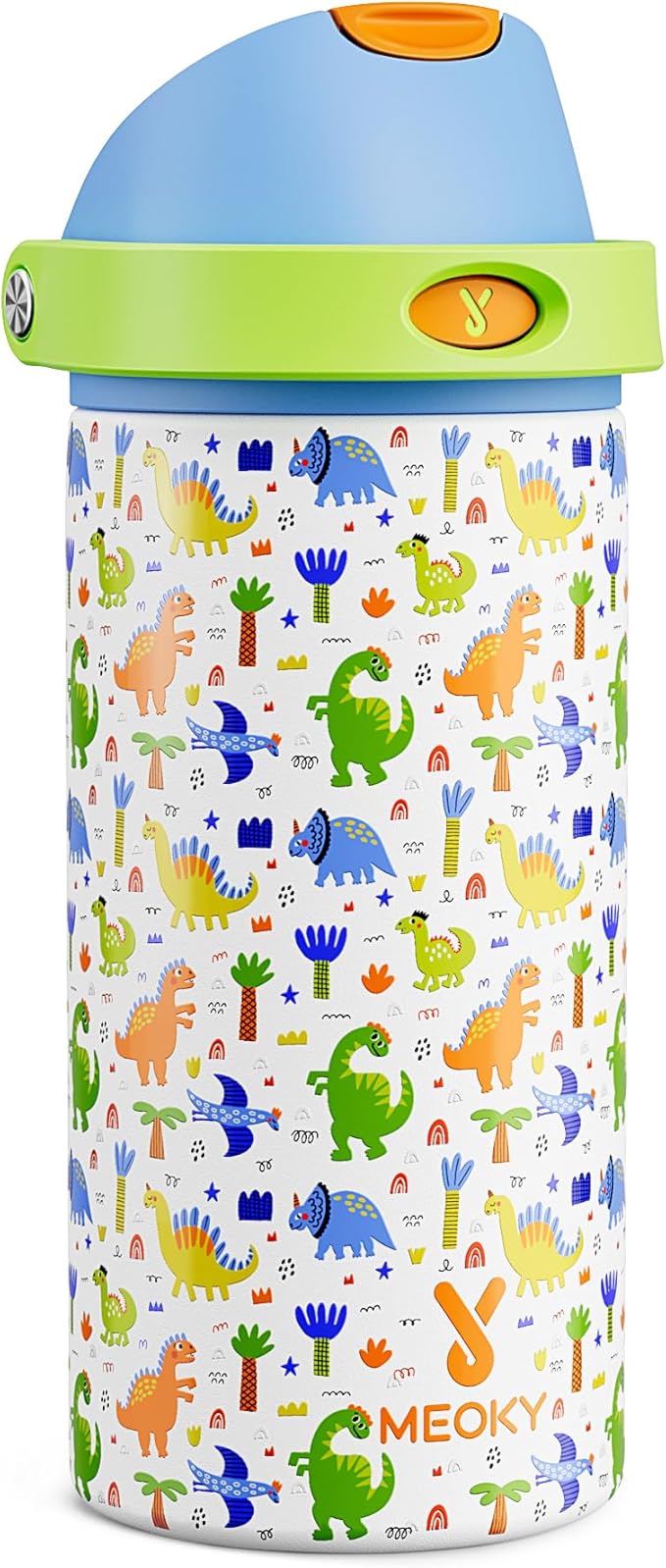 18 oz Insulated Water Bottle for Sports: Meoky Stainless Steel Kids Water Bottle with 2-in-1 Straw and Spout Lid - Leak Proof, Fits in Car Cup Holder, BPA-Free for School Gym Travel, Dinosaur Party