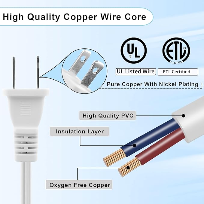 10FT 2 Prong Indoor Extension Cord,Thin White Extension Cords Male/Female Power Cable for Home Office Outdoor, 18/2 ETL Listed 10 FT Extension Cord