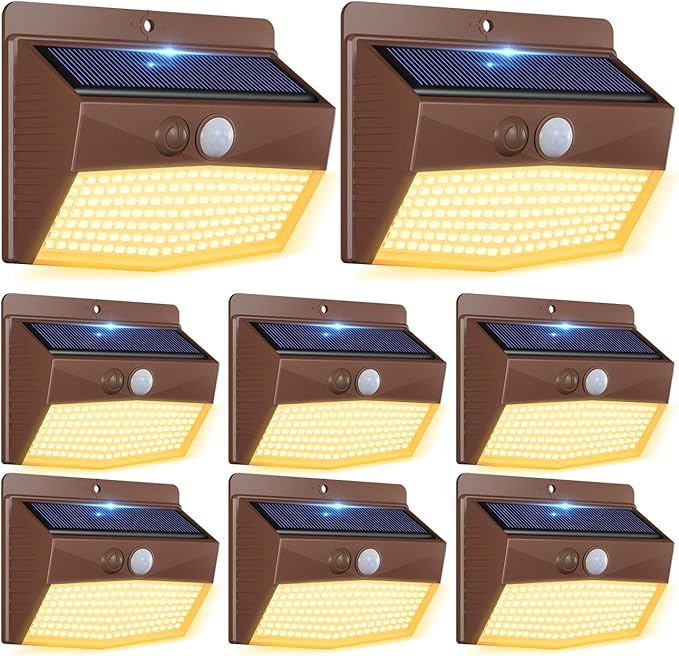 Peasur Solar Outdoor Lights, [8 Packs] Motion Sensor Security Lights with 3 Lighting Modes Wall Lights Waterproof Solar Powered Lights for Garden Yard,Brown White