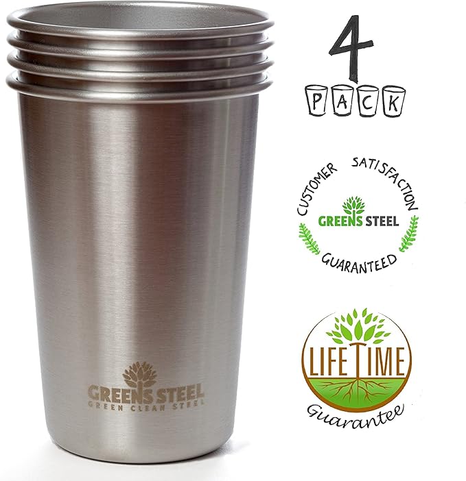 Greens Steel #1 Premium Stainless Steel Cup, 16 oz Pint Cups (4 Pack) Premium Metal Cups - Stackable Durable Cup