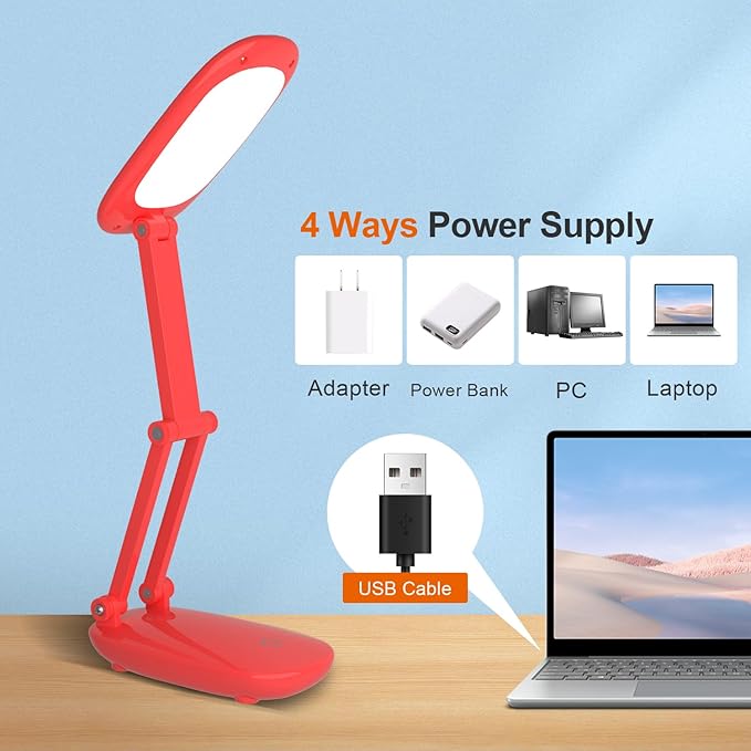 Akejrym LED Desk Lamp for Office Home & Battery Operated Lamp Rechargeable Lamp Foldable & Portable Light, [2-Fold Bracket] 3 Brightness Dimmable Small Desk Lamp Wireless Reading Lamp (Bright Pink)