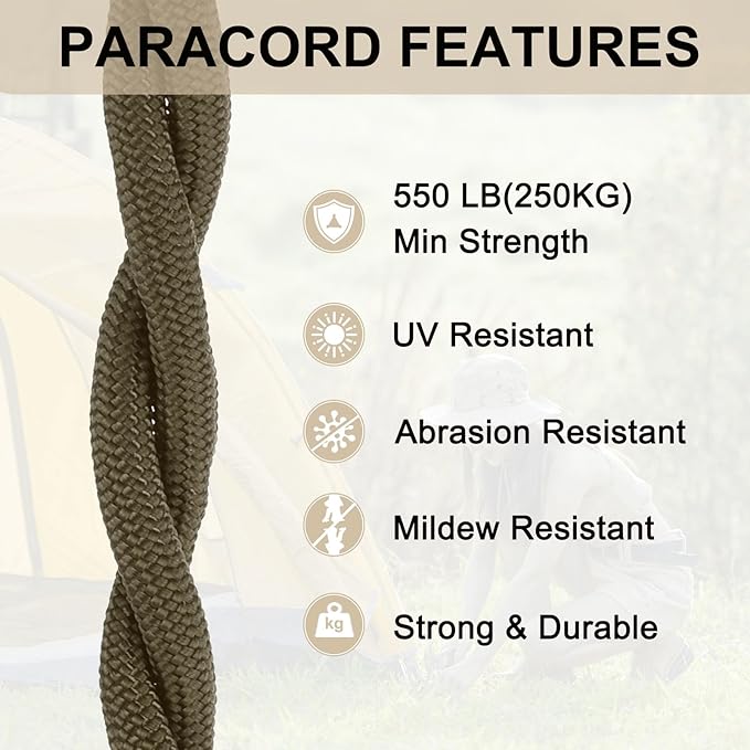 550 Paracord Rope 26ft, 4mm Thin Paracord Nylon Cord 7-Strand Core [for Tent Camping Outdoor Gear] - Dark Brown